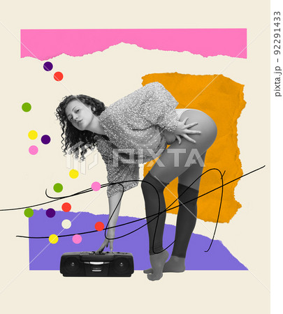 Contemporary art collage. Stylish young girl turning on vintage music player and preparing to dance. Enjoyment Contemporary art collage. Stylish young girl turning on vintage music player and preparing to dance. Enjoyment 92291433