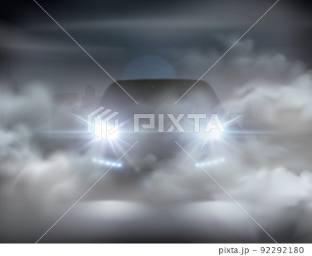 Car Lights Realistic In Fog Composition 92292180