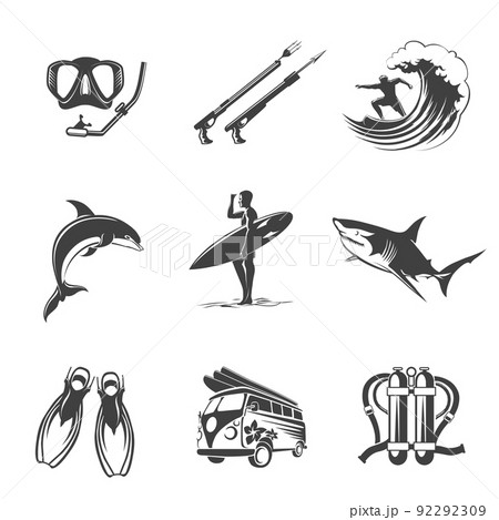 Beach icons black set. Summer, vacation and tourism signs 92292309
