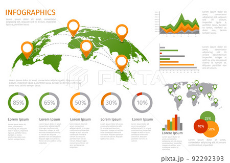 World map 3D with set of infographics elements World map 3D with set of infographics elements 92292393