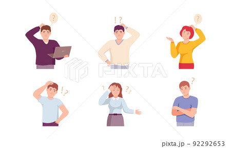 Young men and women thinking with question marks over their heads set. People wondering, planning or pondering vector illustratio 92292653