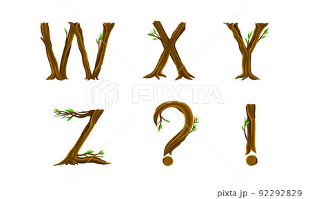 Forest woody alphabet. W,X,Y,Z letters and punctuation marks made of bent tree branches vector illustration 92292829