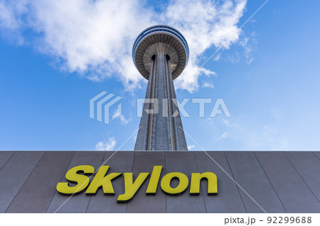 Niagara Falls, Ontario, Canada - December 19 2021 : Skylon Tower observation tower. Niagara Falls, Ontario, Canada - December 19 2021 : Skylon Tower observation tower. 92299688