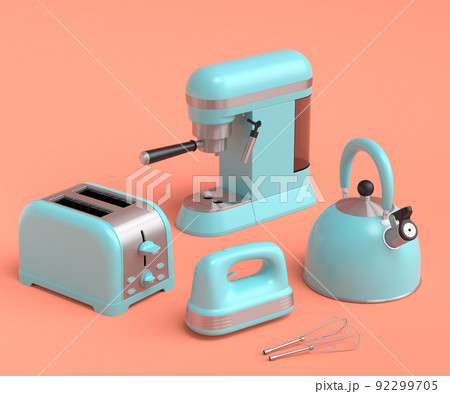 Espresso coffee machine, hand mixer, kettle and toaster on coral background. 92299705