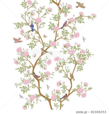 Camellia blossom tree With sparrow, finches, butterflies, dragonflies 92300253