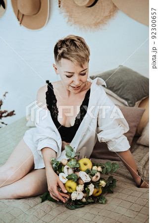 bride wedding morning. Modern hipster millennial bride with wedding bouquet bride wedding morning. Modern hipster millennial bride with wedding bouquet 92300657