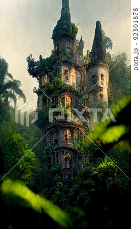 An old abandoned castle in the jungle. Green nature and an ancient castle. 92301878