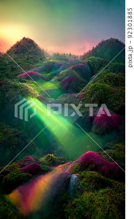 Fabulous abstract colorful landscape of mountains and nature. Mountains during sunrise. A beautiful landscape in the summertime. Fabulous abstract colorful landscape of mountains and nature. Mountains during sunrise. A beautiful landscape in the summertime. 92301885