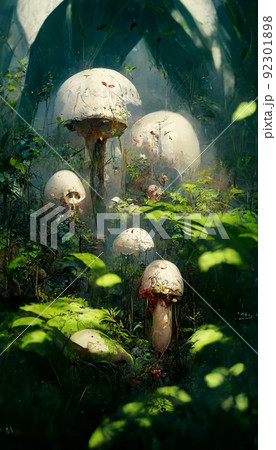 Mushrooms in the jungle. Unusual mushrooms in the green forest. Foggy forest after the rain. Mushrooms in the jungle. Unusual mushrooms in the green forest. Foggy forest after the rain. 92301898