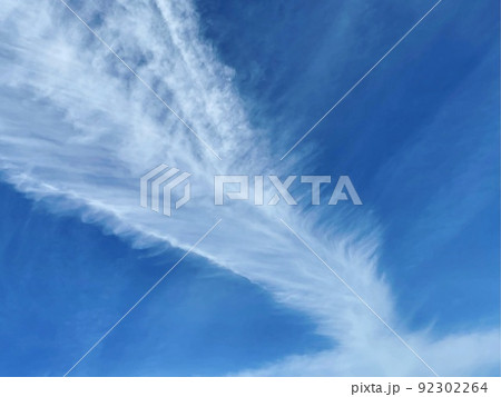 空を見上げると青空の中に面白い形の雲が 空を見上げると青空の中に面白い形の雲が 92302264