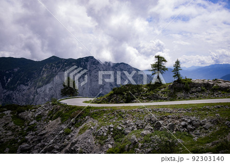 Typical panoramic view in the Austrian Alps with mountains and fir trees - Mount Loser Altaussee 92303140