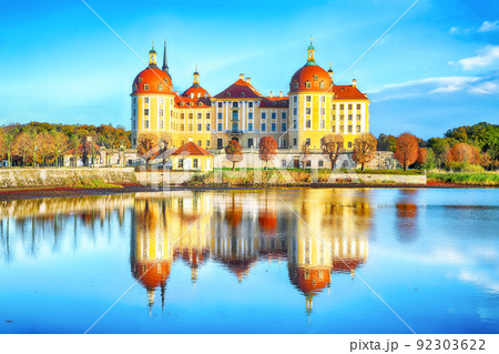 Stunning view of Moritzburg Castle near Dresden. 92303622