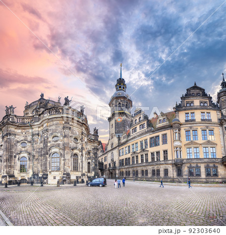 Dresden Cathedral of the Holy Trinity Hofkirche and Dresden Castle Hausmannsturm on Theaterplatz. Dresden Cathedral of the Holy Trinity Hofkirche and Dresden Castle Hausmannsturm on Theaterplatz. 92303640