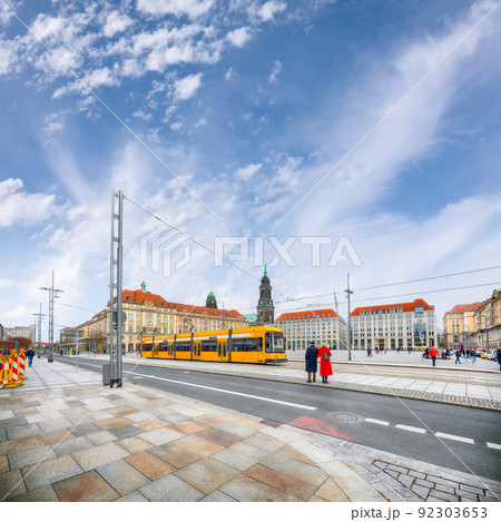 Attractive  cityscape of Herbstmarkt and Holy Cross Church bell and clock tower in Dresden 92303653