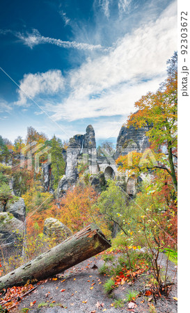 Picturesque autumn landscape in Saxon Switzerland National Park and Bastei bridge. Picturesque autumn landscape in Saxon Switzerland National Park and Bastei bridge. 92303672