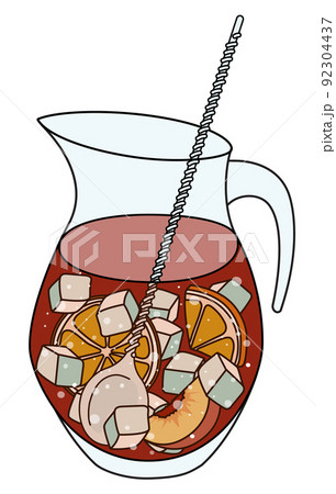 A jug of punch or Spanish red wine fruity sangria cocktail. Doodle cartoon hipster style colored vector illustration. Good for bar restaurant menu ads decoration, poster or card. A jug of punch or Spanish red wine fruity sangria cocktail. Doodle cartoon hipster style colored vector illustration. Good for bar restaurant menu ads decoration, poster or card. 92304437