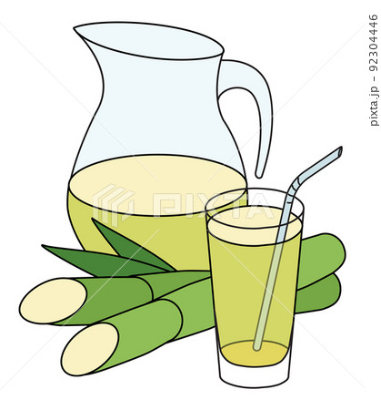 Doodle cartoon style green yellow sugarcane juice in a jug. Refreshing healthy natural drink, cocktail ingredient. For card, stickers, posters, bar menu or cook book recipe. 92304446