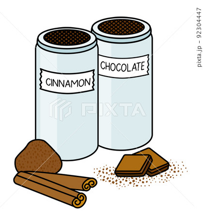 Doodle cartoon cinnamon sticks, chocolate powder. Spicy coffee dressing in a metallic jar. For menu, farmers market design, cookbook decoration, stickers etc 92304447