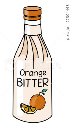 Doodle cartoon classic aromatic orange bitter cocktail ingredient in a bottle covered with paper. For bar cocktail cookbook decoration, stickers etc 92304448