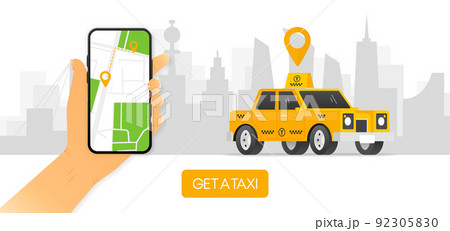 The hand holds a phone with an application for ordering a taxi. Order a taxi. Gps tracking. Vector illustration. 92305830