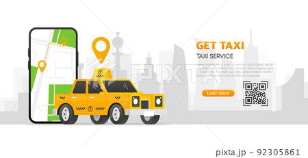 Get a Taxi car in device. Gps car tracking nearby. Taxi service. Vector illustration. 92305861