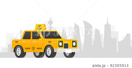 Taxi car isolated on city background. Taxi service. Vector illustration. Taxi car isolated on city background. Taxi service. Vector illustration. 92305913