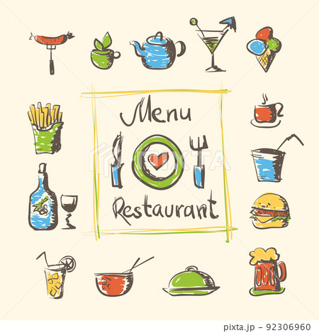 cafe menu food and drinks hand drawn icons 92306960
