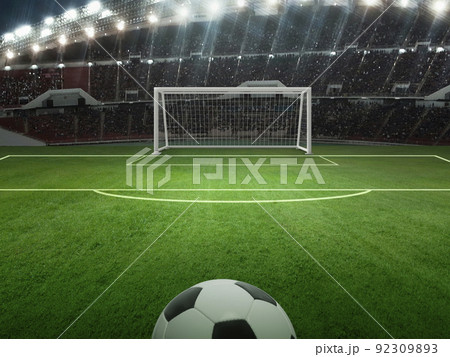 ball on the green field in soccer stadium. ready for game 92309893