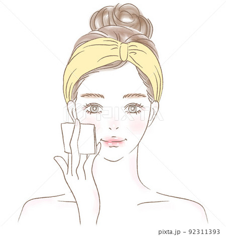 コットンでスキンケアする若い女性の上半身イラスト コットンでスキンケアする若い女性の上半身イラスト 92311393