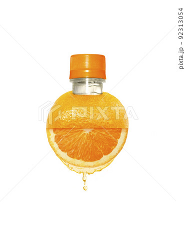 Bottle orange juice on Orange fruit. Flat lay. Food concept Bottle orange juice on Orange fruit. Flat lay. Food concept 92313054