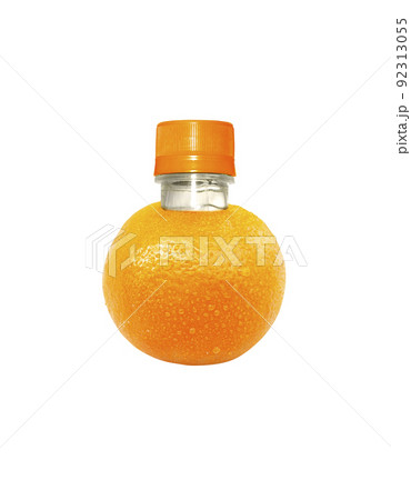 Bottle orange juice on Orange fruit. Flat lay. Food concept Bottle orange juice on Orange fruit. Flat lay. Food concept 92313055
