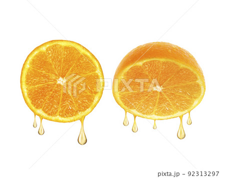 drops of juice falling from orange half isolated on white background 92313297