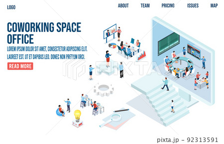 3D isometric Coworking space concept with people working or study on laptops in co-working area for business startup, freelancers, shared workplace. Vector illustration eps10 92313591