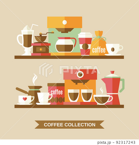 Coffee elements on shelves 92317243