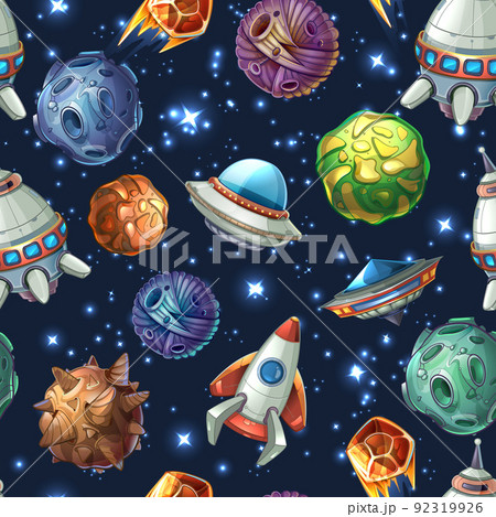 Comic space planets and spaceships. Vector seamless pattern Comic space planets and spaceships. Vector seamless pattern 92319926