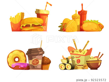 Fast Food Meal Retro Cartoon Set 92323572