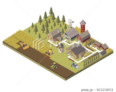 Farm Buildings And Cultivated Fields Illustration 92323653
