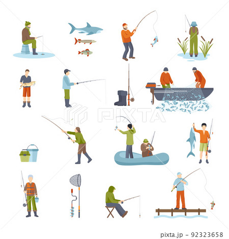 Fishing People Fish And Tools Icons Set 92323658