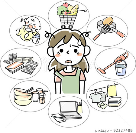 家事育児仕事の忙しさに疲れ切った若い女性 家事育児仕事の忙しさに疲れ切った若い女性 92327489