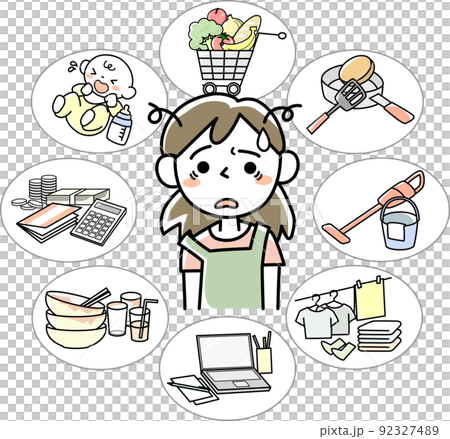 家事育児仕事の忙しさに疲れ切った若い女性 家事育児仕事の忙しさに疲れ切った若い女性 92327489