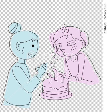 A mother watching over a child who is too enthusiastic about erasing candles on a birthday cake and throws a brim 92327628