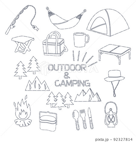 抜け感のある線で描いたアウトドア・キャンプのアイコンセット 抜け感のある線で描いたアウトドア・キャンプのアイコンセット 92327814