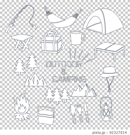 抜け感のある線で描いたアウトドア・キャンプのアイコンセット 抜け感のある線で描いたアウトドア・キャンプのアイコンセット 92327814
