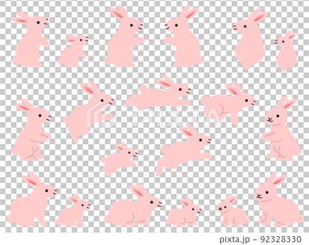 Illustration set of pink rabbit parent and child in various poses Illustration set of pink rabbit parent and child in various poses 92328330