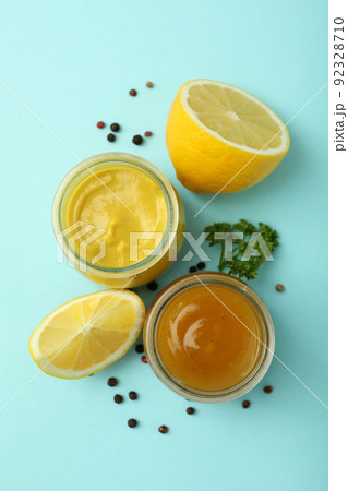 Concept of tasty food with sauce, top view 92328710