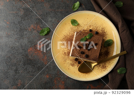 Concept of tasty dessert with Tiramisu cake, space for text 92329096