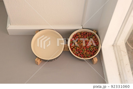 Cat food and water in bowls, on the kitchen floor 92331060