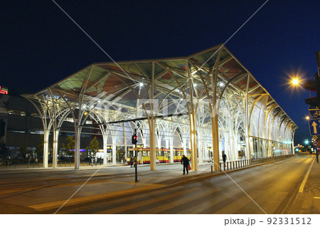 Tram depot illuminated in the evening in the city of Lodz Tram depot illuminated in the evening in the city of Lodz 92331512