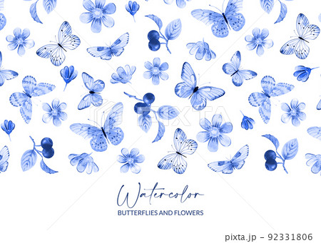 Watercolor illustrated butterflies, flowers and blueberries. Hand drawn summer insects and plants. Design for packaging, greeting card and invitation. Watercolor illustrated butterflies, flowers and blueberries. Hand drawn summer insects and plants. Design for packaging, greeting card and invitation. 92331806