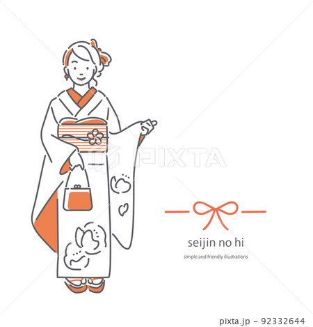 振袖を着た若い女性　シンプルでお洒落な線画イラスト 92332644